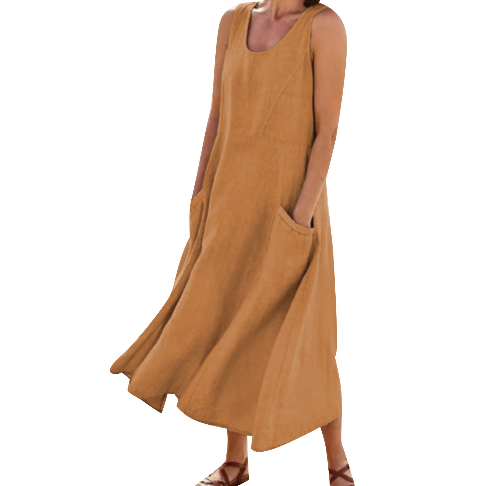 thumbnail image 4 of Vestido largo liso con cuello redondo y bolsillos para mujer: corte holgado informal, transpirable, adecuado para la playa, fiestas y el día a día, tallas S-XXL., 4 of 6